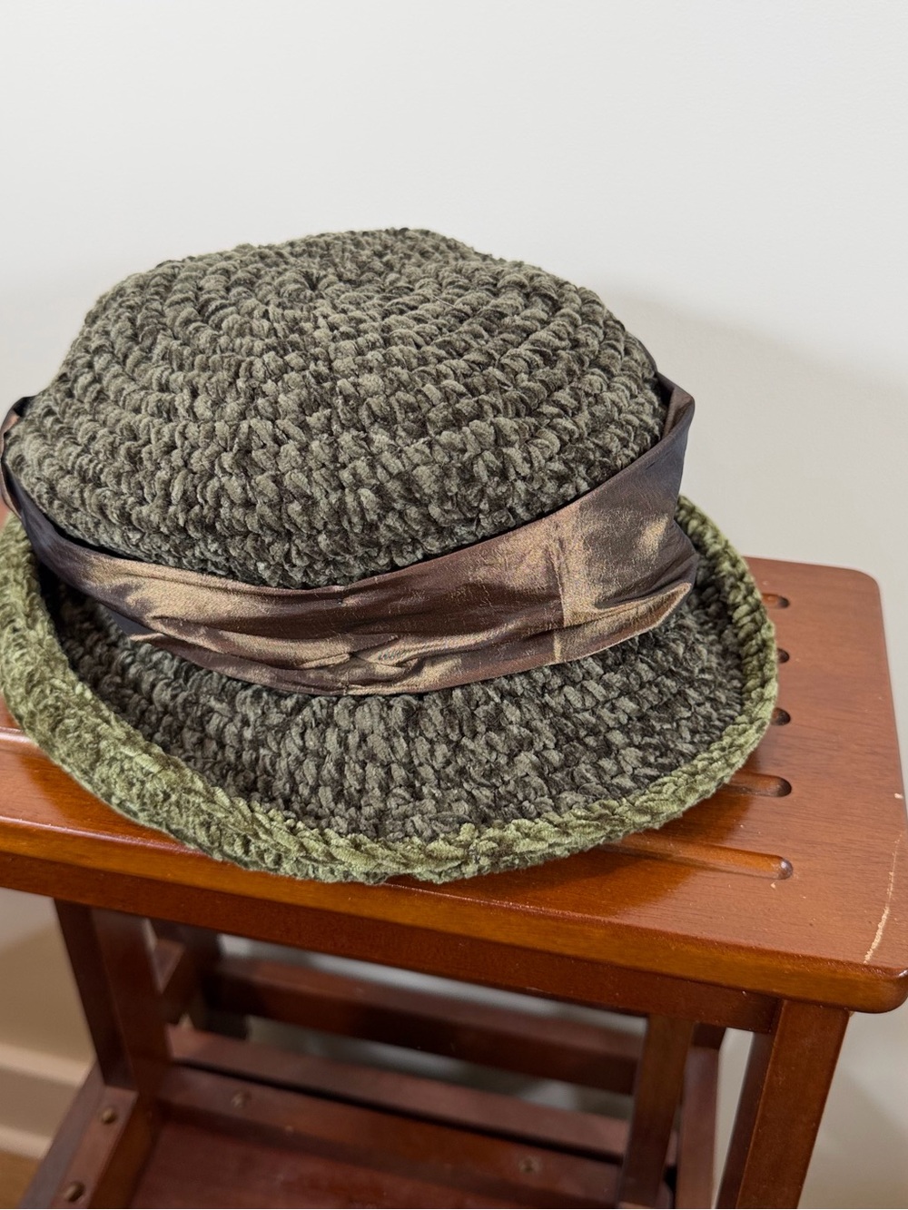 Vintage Handcrafted Olive Chenille Bucket Hat Satin Bow Accent by Kate Sheckler - Picture 2 of 5